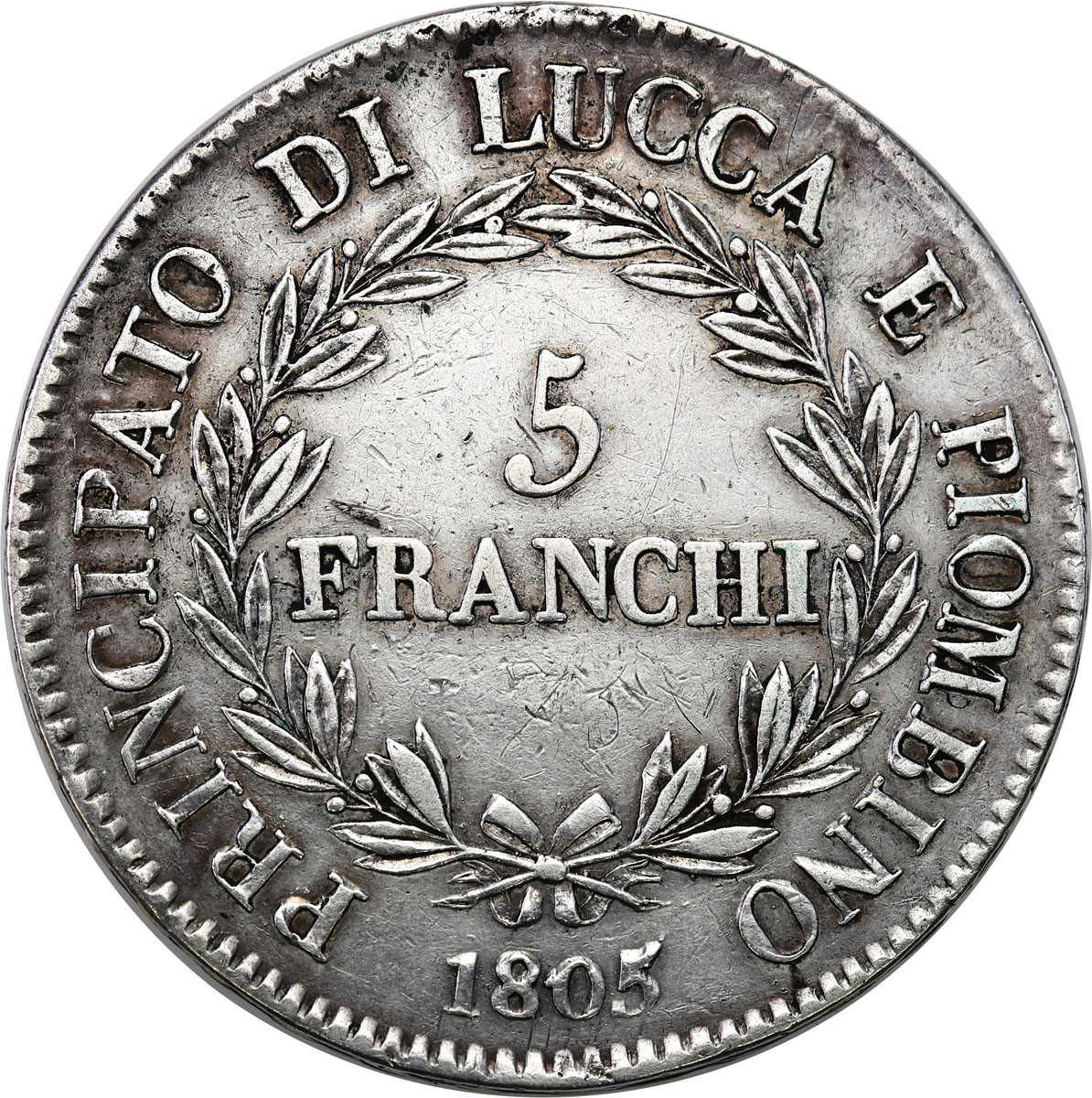 Włochy. Feliks Baiocchi i Eliza Bonaparte (1805-1814). 5 franchi 1805, Florencja – RZADKIE